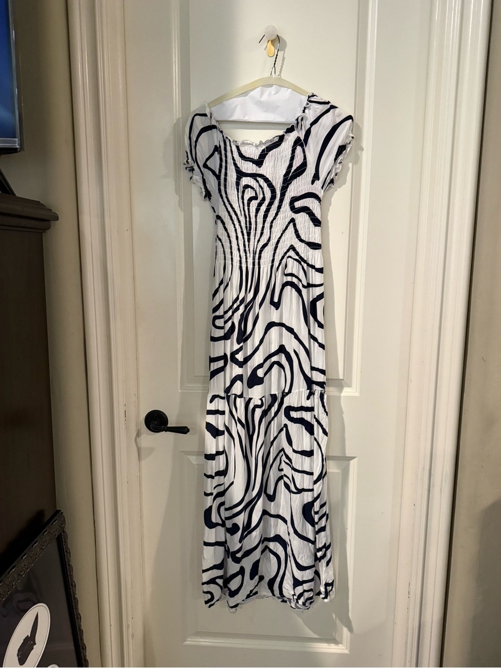 Black & White Abstract Maxi Dress with Smocked Bodice